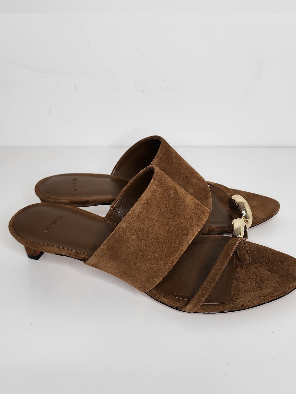 Vince Suzie Brown Suede Kitten Heel Slide Sandals Size 8.5 - Picture 4 of 11